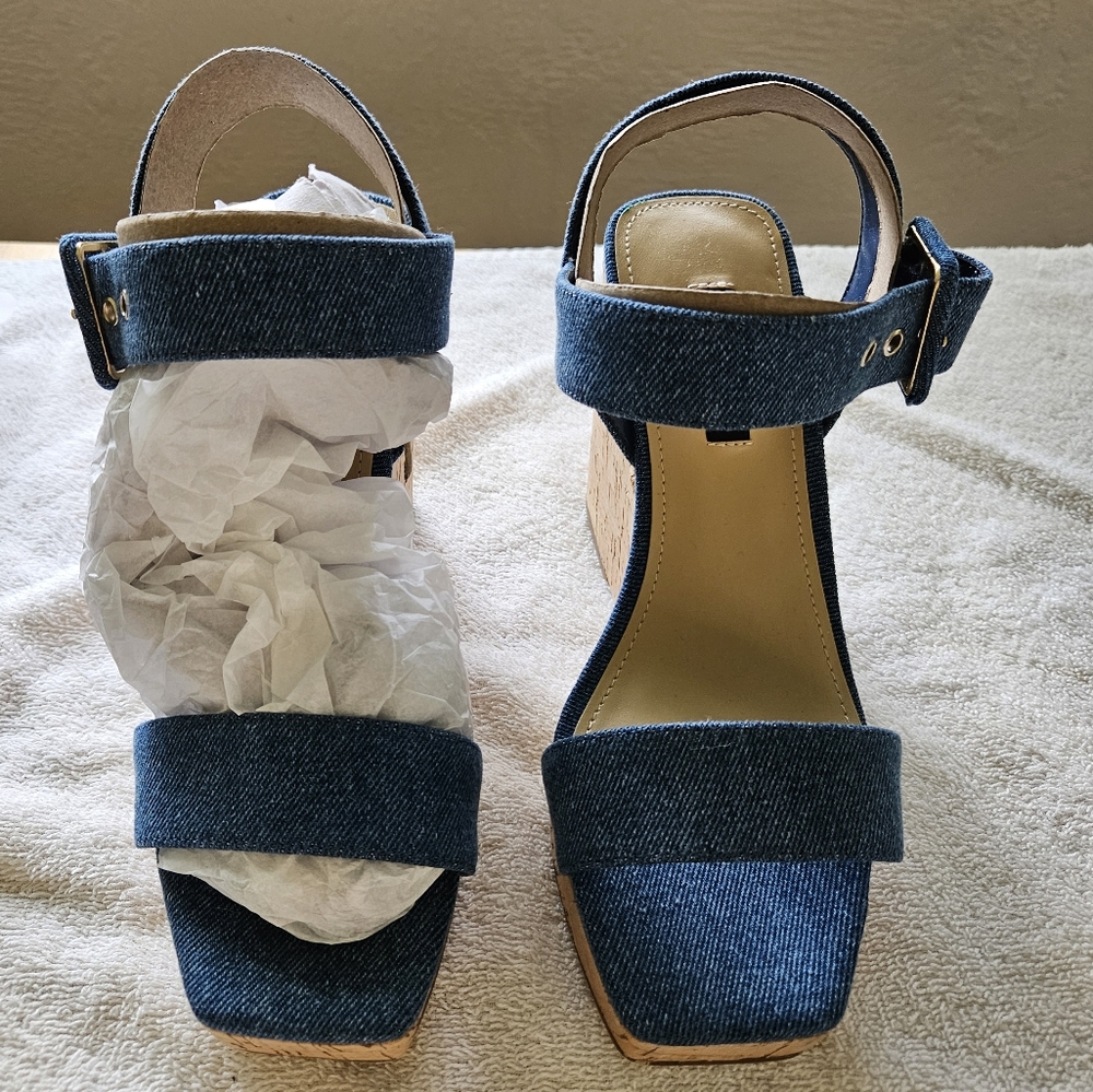 Nine West High Cork Wedge Sandals Blue Size 6.5 M